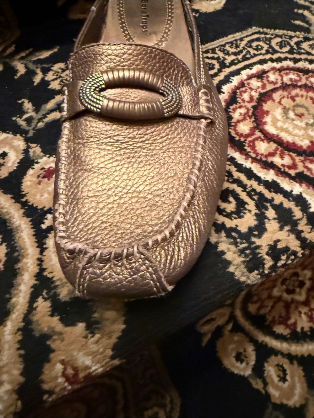 Metallic Gold Slip-On Loafer with Decorative Buckle